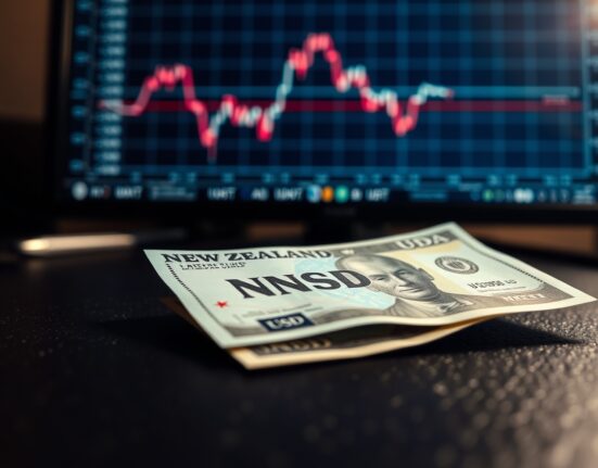 New Zealand Dollar and US Dollar banknotes on a desk with a financial chart showing a decline.