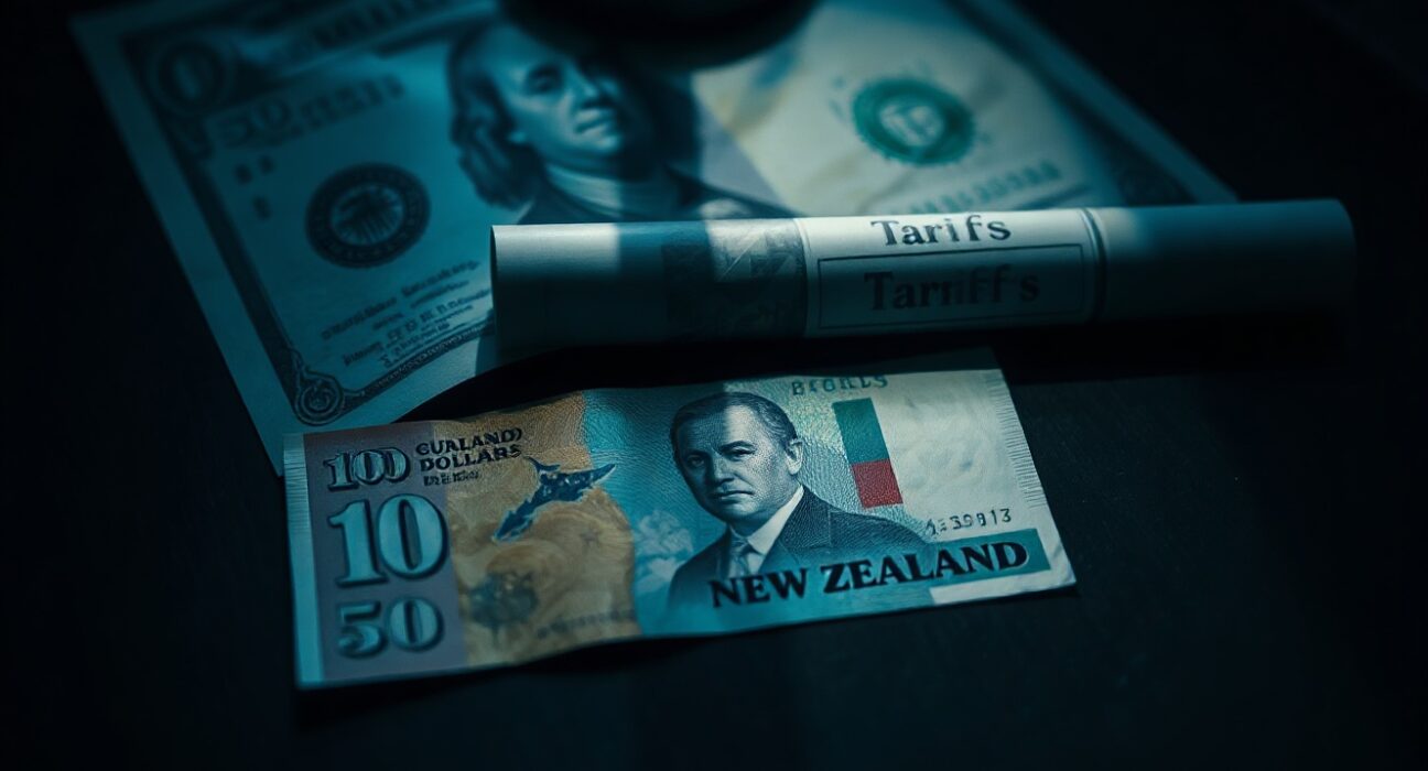 New Zealand Dollar and US Dollar banknotes with a tariff document in background