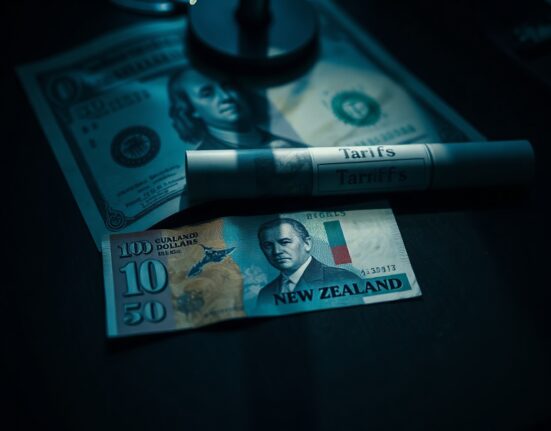 New Zealand Dollar and US Dollar banknotes with a tariff document in background