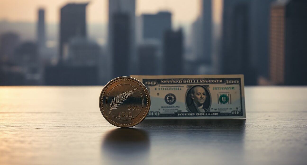 New Zealand Dollar coin and US Dollar bill on wooden surface with blurred city skyline background
