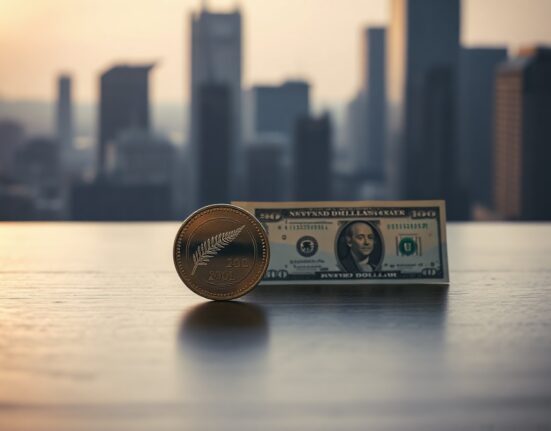 New Zealand Dollar coin and US Dollar bill on wooden surface with blurred city skyline background