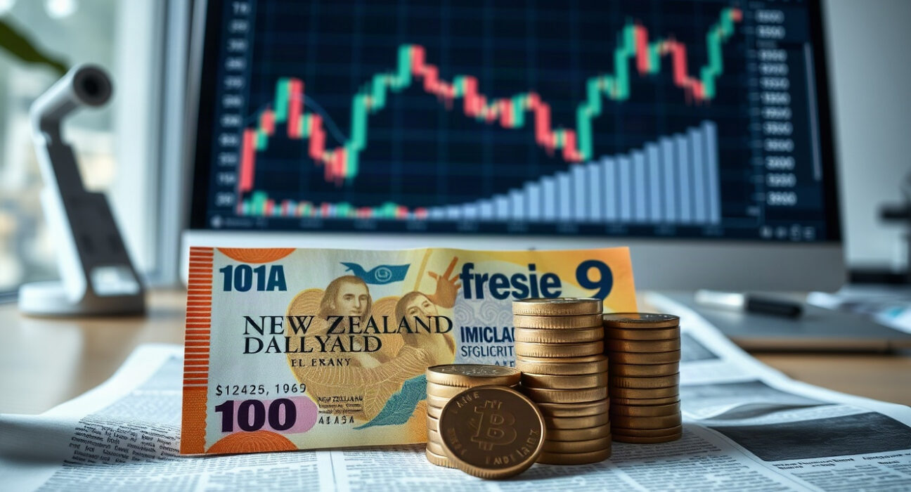 New Zealand Dollar banknotes and coins with a financial chart in the background