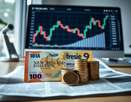 New Zealand Dollar banknotes and coins with a financial chart in the background