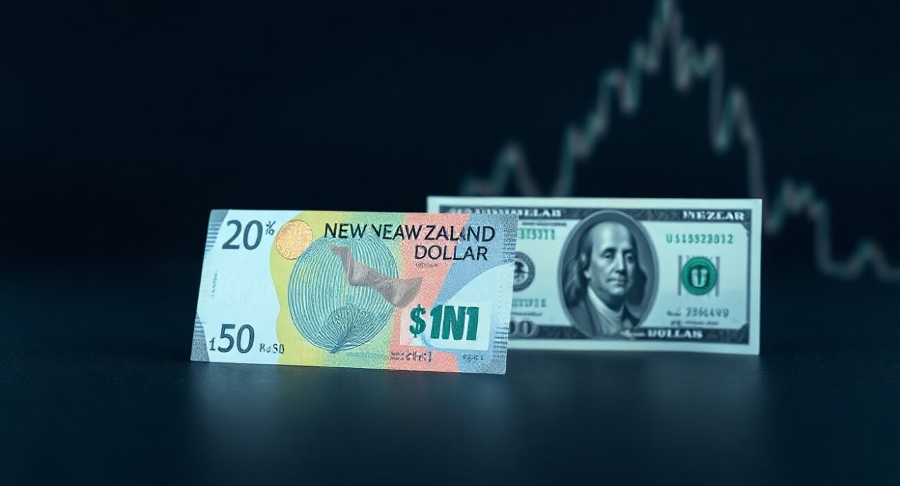 New Zealand and US dollar banknotes on a dark surface with a subtle chart in the background