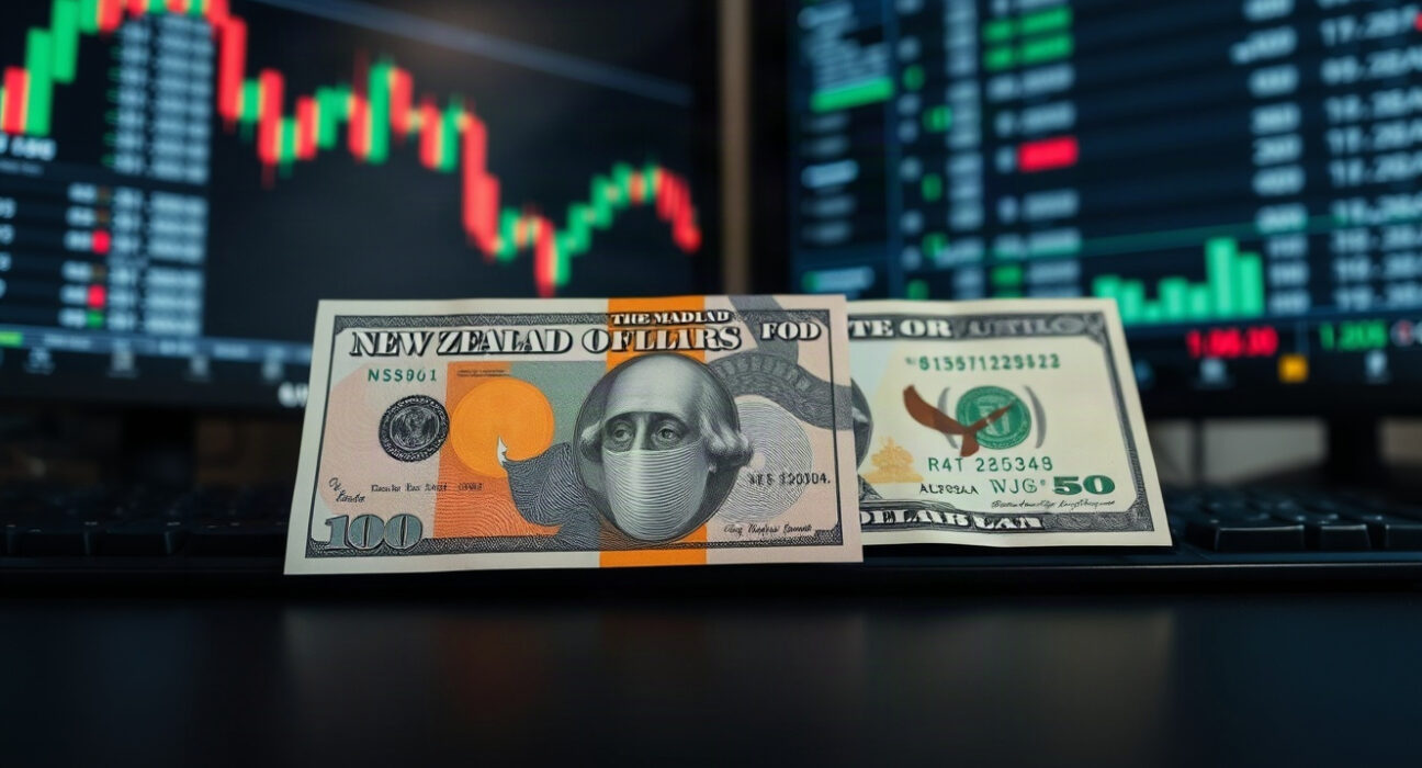 New Zealand Dollar and US Dollar banknotes on a financial desk, representing currency market movements