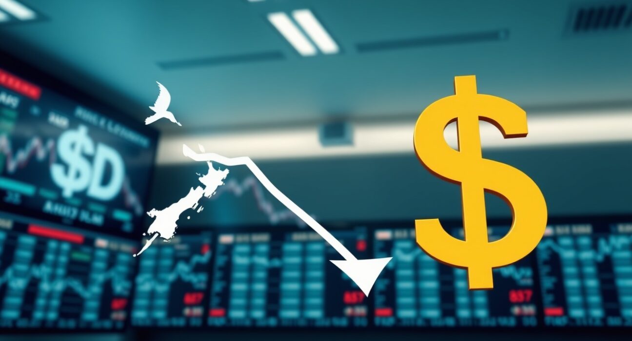 NZD/USD exchange rate chart showing a decline in the New Zealand Dollar against the US Dollar.