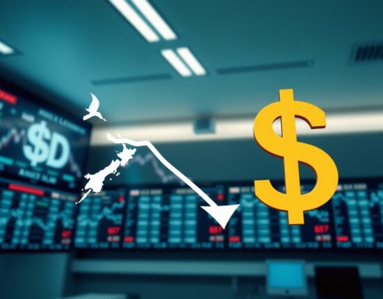 NZD/USD exchange rate chart showing a decline in the New Zealand Dollar against the US Dollar.