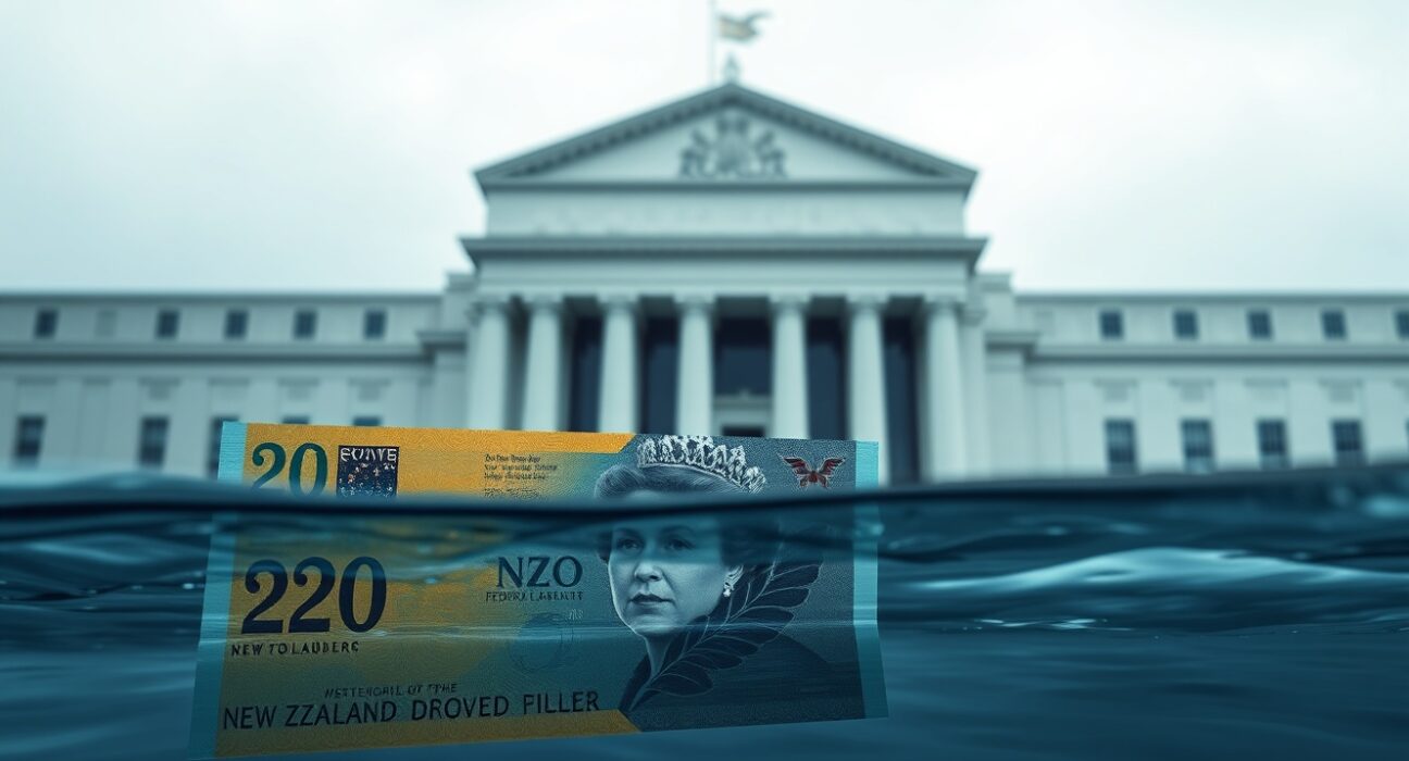 New Zealand Dollar banknote partially submerged in water with the Federal Reserve building looming in the background, representing currency pressure.