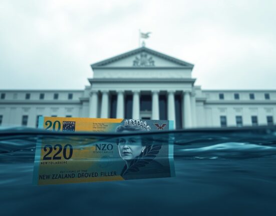 New Zealand Dollar banknote partially submerged in water with the Federal Reserve building looming in the background, representing currency pressure.