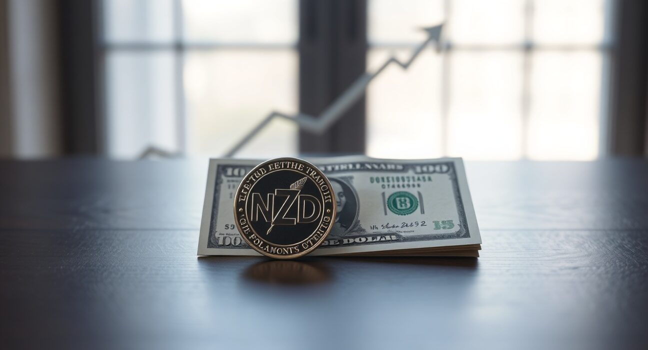 New Zealand Dollar coin and US Dollar bill on desk with upward trend arrow