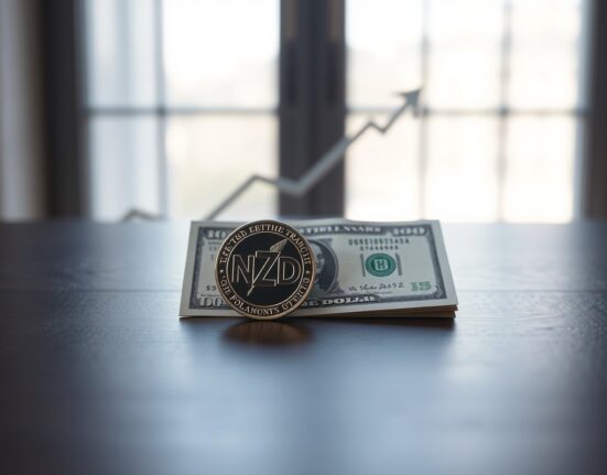 New Zealand Dollar coin and US Dollar bill on desk with upward trend arrow