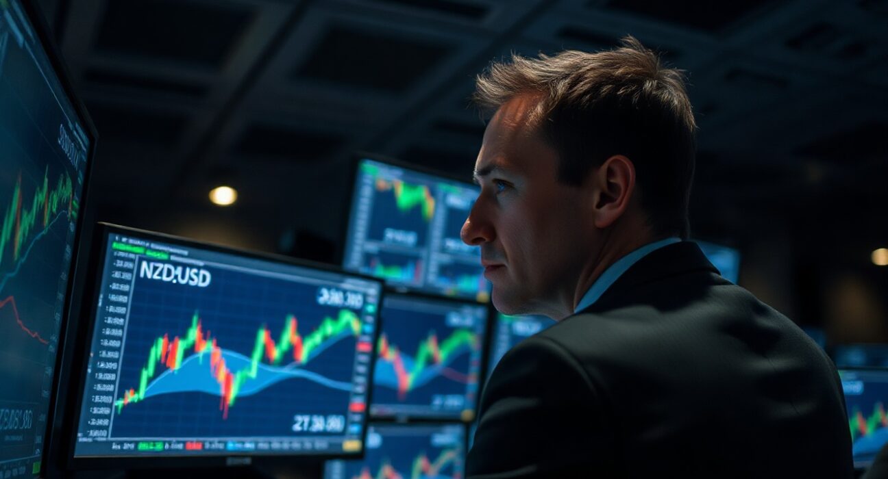 Trader monitoring NZD/USD exchange rate on screens in a trading room