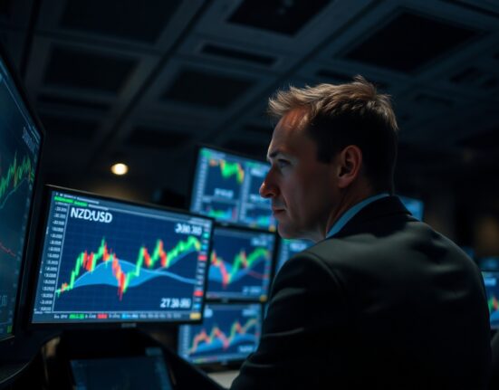 Trader monitoring NZD/USD exchange rate on screens in a trading room