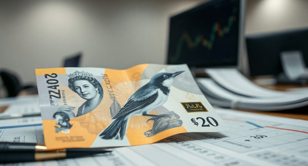 New Zealand Dollar banknote on financial chart, representing currency market movement and easing risk aversion.