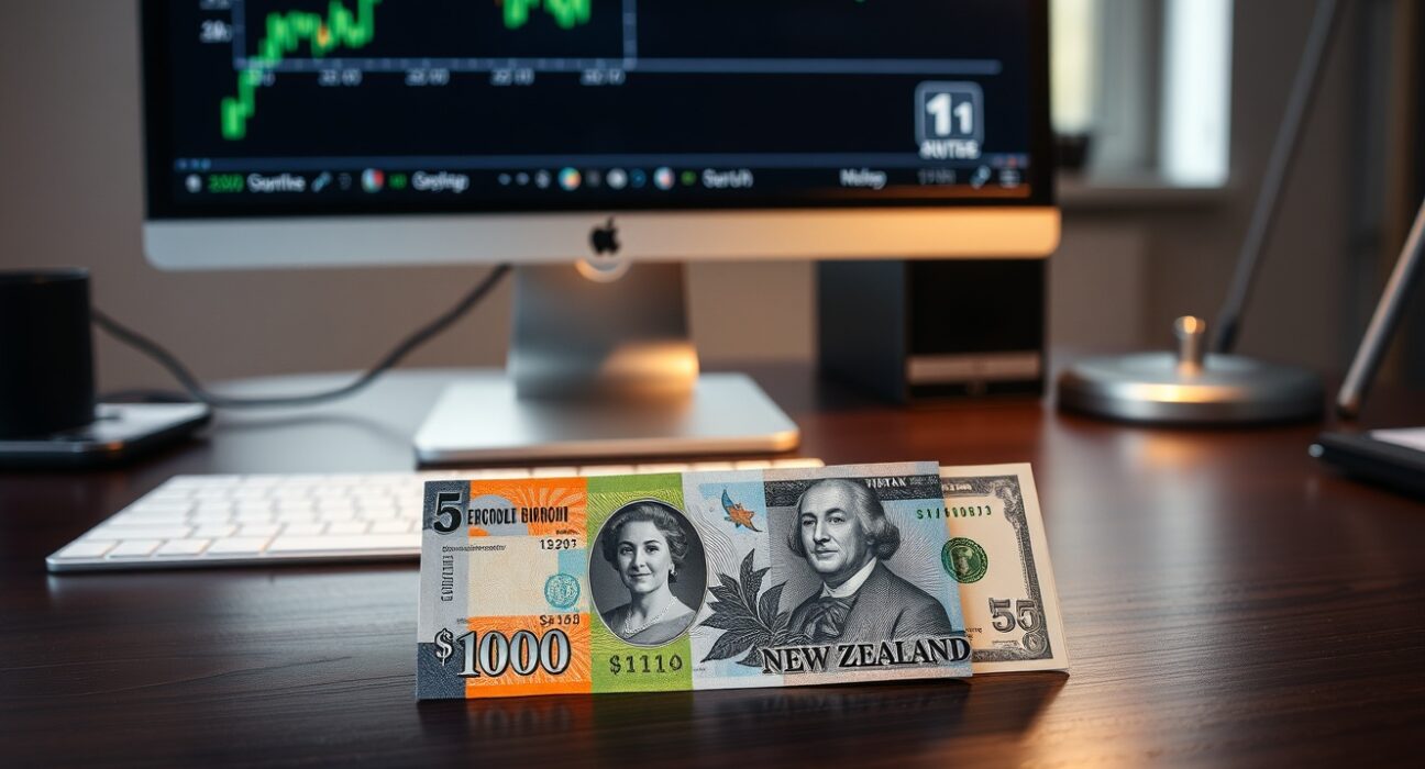 New Zealand Dollar and US Dollar banknotes on a desk with a forex chart on a monitor in the background.