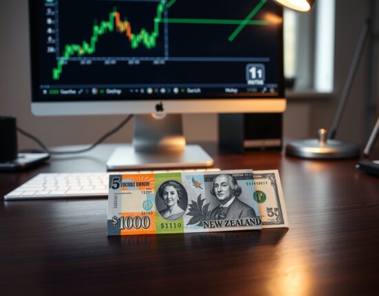 New Zealand Dollar and US Dollar banknotes on a desk with a forex chart on a monitor in the background.