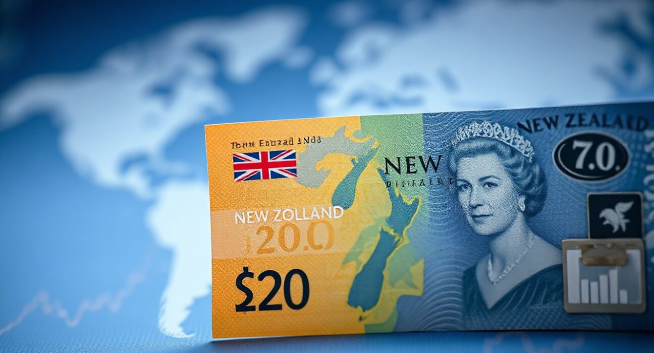New Zealand Dollar banknote in focus against a global map and financial chart background