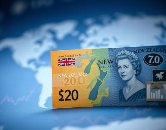 New Zealand Dollar banknote in focus against a global map and financial chart background