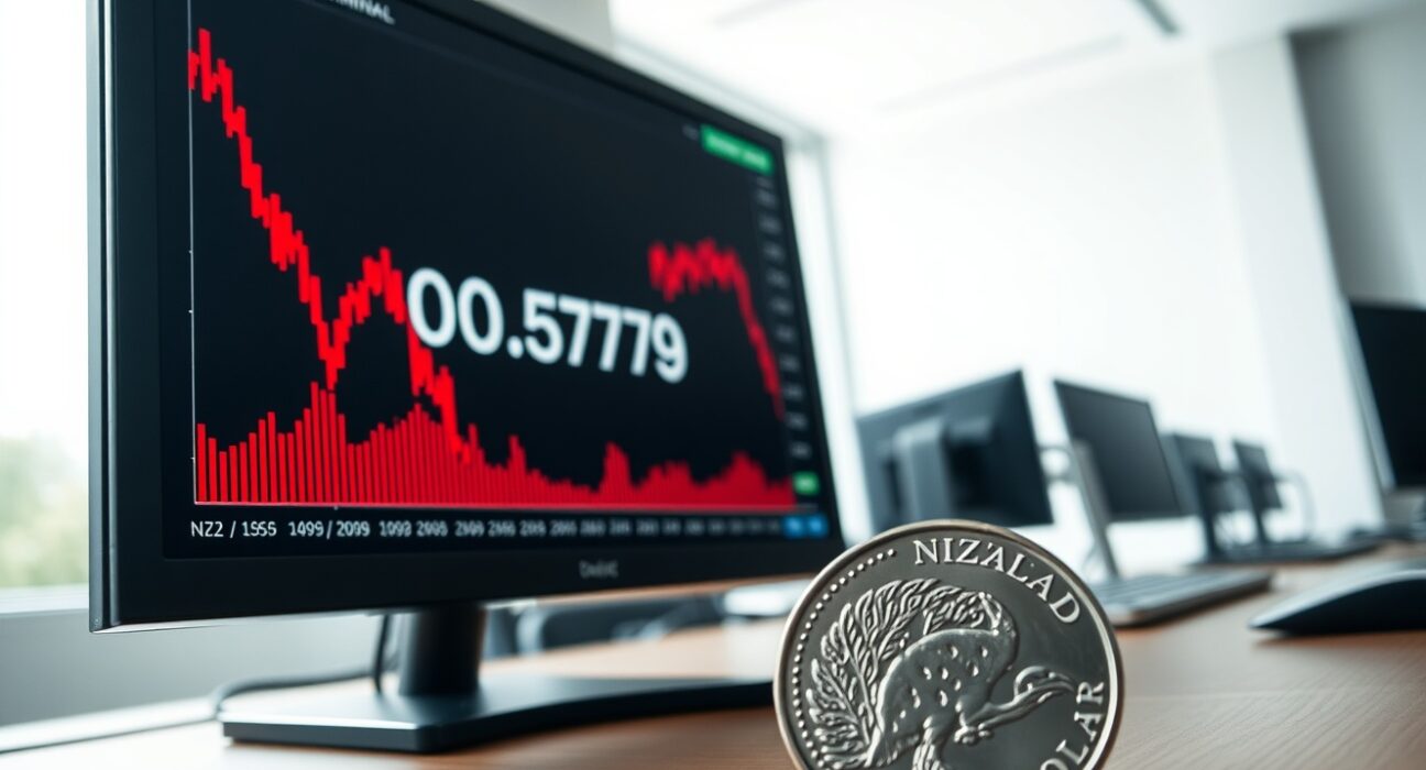 New Zealand dollar chart crashing on trading screen with Kiwi coin, showing currency collapse after GDP data.
