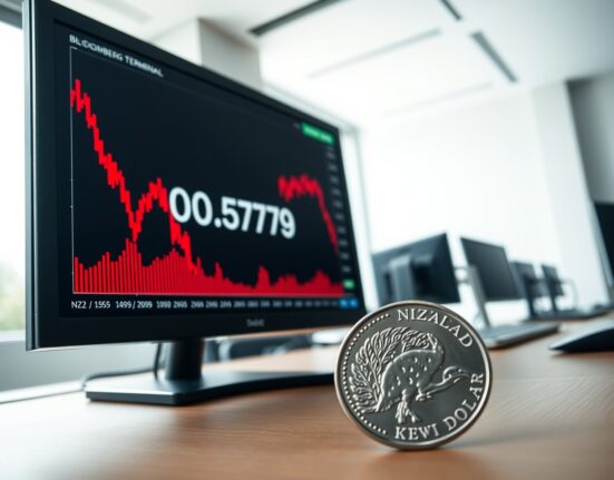 New Zealand dollar chart crashing on trading screen with Kiwi coin, showing currency collapse after GDP data.