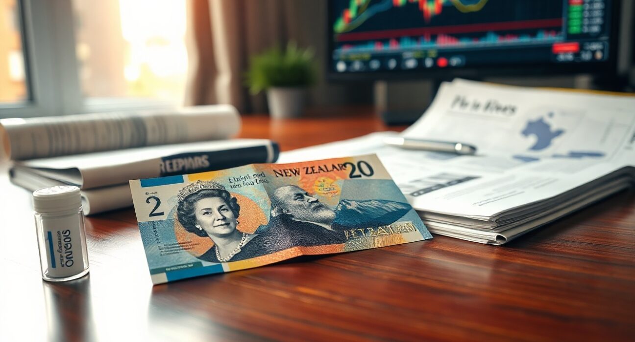 New Zealand Dollar banknote and financial report on a desk, representing forex analysis