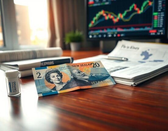 New Zealand Dollar banknote and financial report on a desk, representing forex analysis