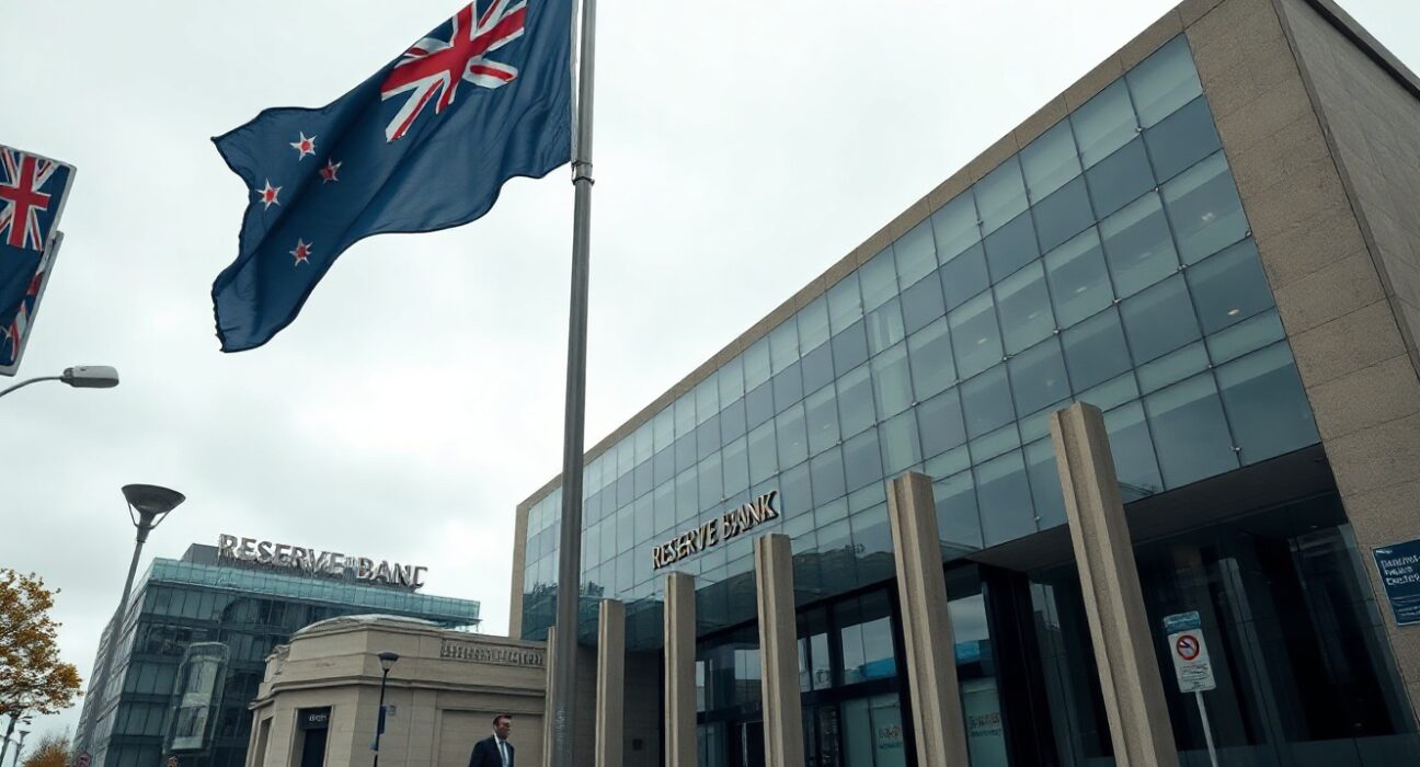 Reserve Bank of New Zealand building in Wellington on an overcast day