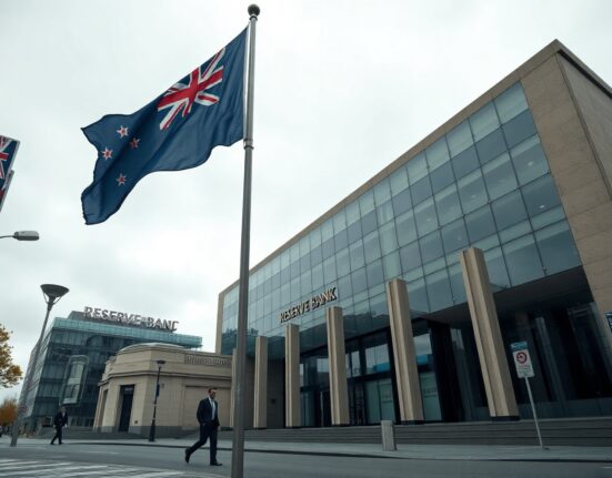 Reserve Bank of New Zealand building in Wellington on an overcast day