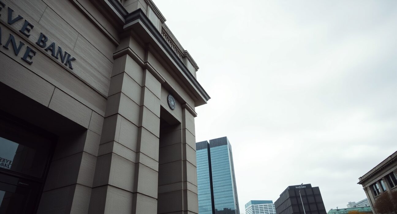 Reserve Bank of New Zealand building in Wellington on a cloudy day, representing monetary policy and NZD support.