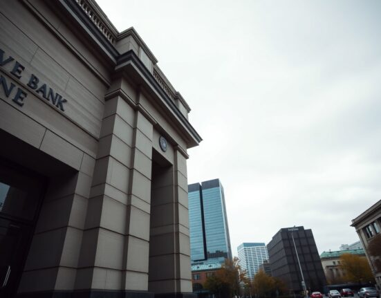Reserve Bank of New Zealand building in Wellington on a cloudy day, representing monetary policy and NZD support.