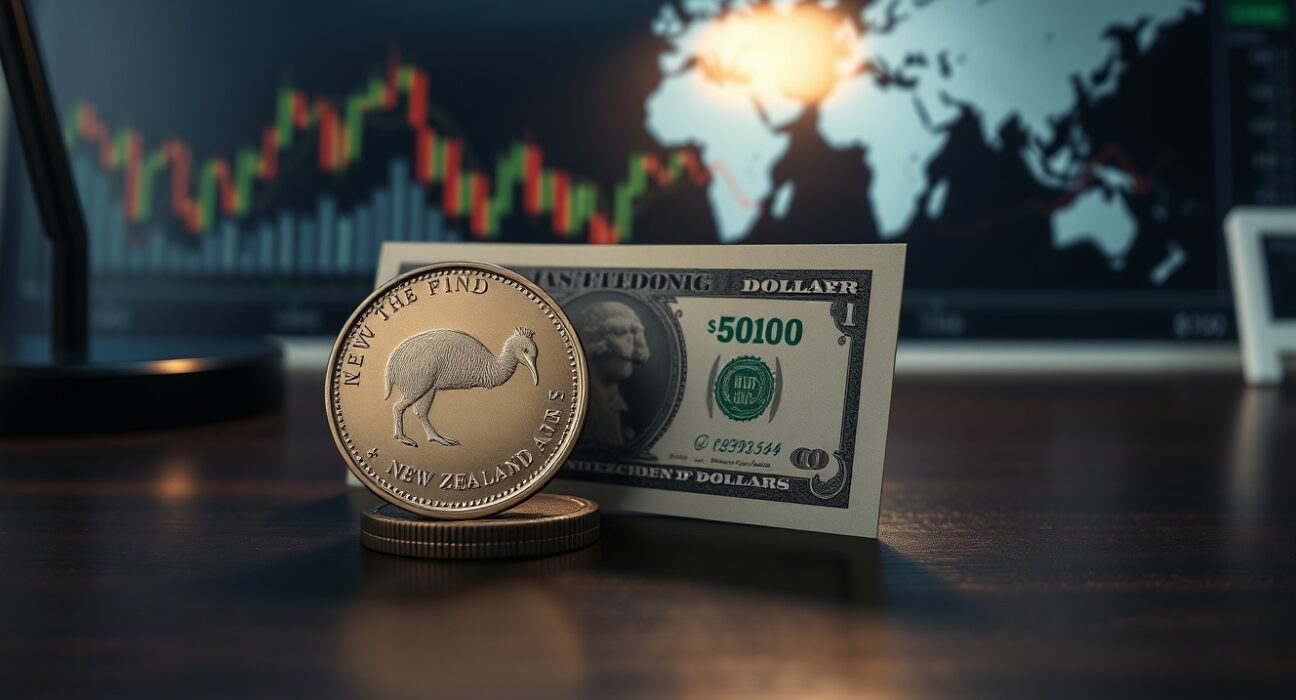 New Zealand Dollar coin and US Dollar bill on a desk with financial charts in background