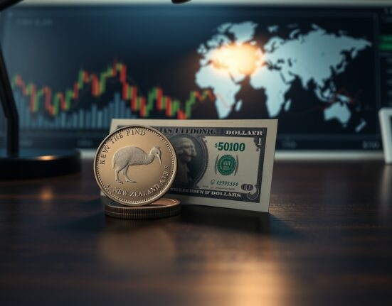 New Zealand Dollar coin and US Dollar bill on a desk with financial charts in background