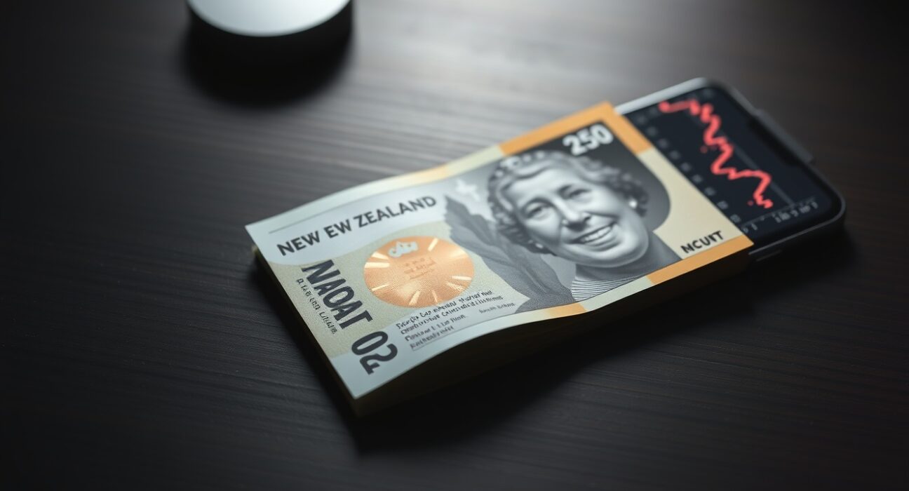 New Zealand Dollar banknote and smartphone showing financial chart with downward trend