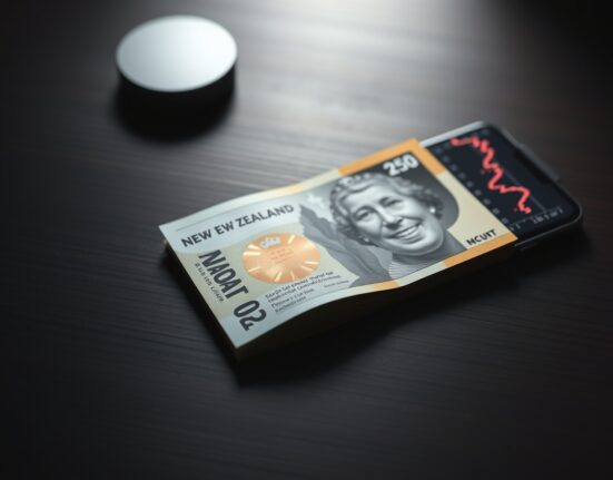 New Zealand Dollar banknote and smartphone showing financial chart with downward trend