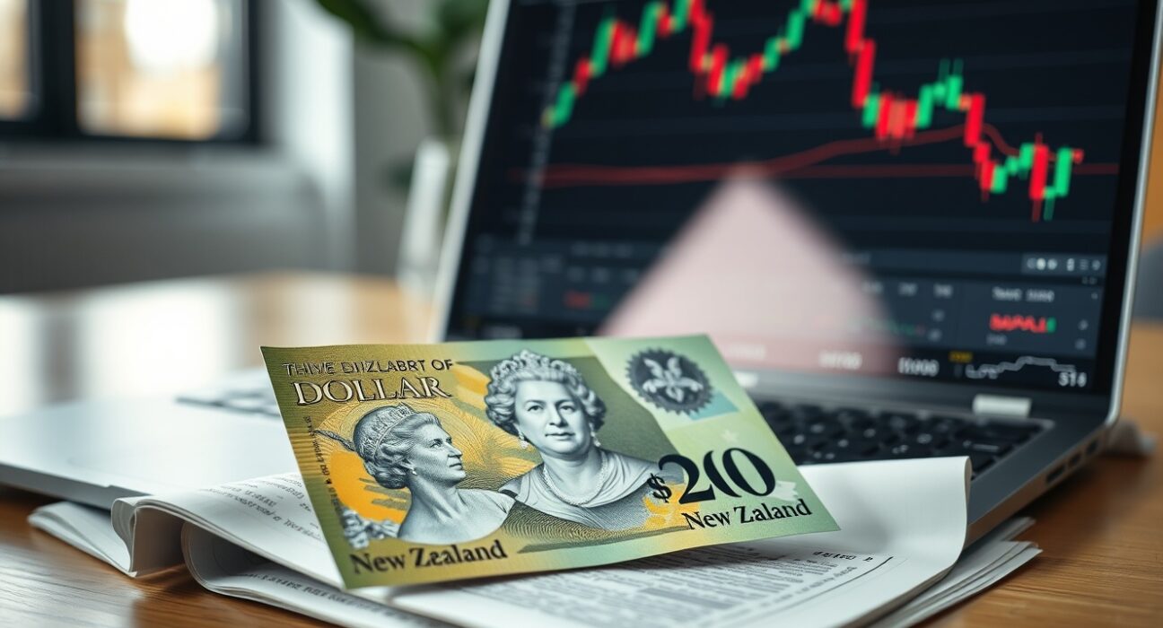 New Zealand Dollar banknote on a trading desk with a laptop showing a downward chart trend