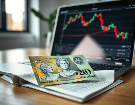 New Zealand Dollar banknote on a trading desk with a laptop showing a downward chart trend