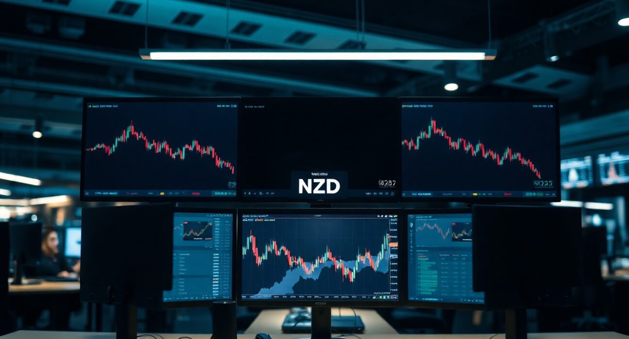 Forex trading monitors showing NZD/USD downward trend amid geopolitical uncertainty