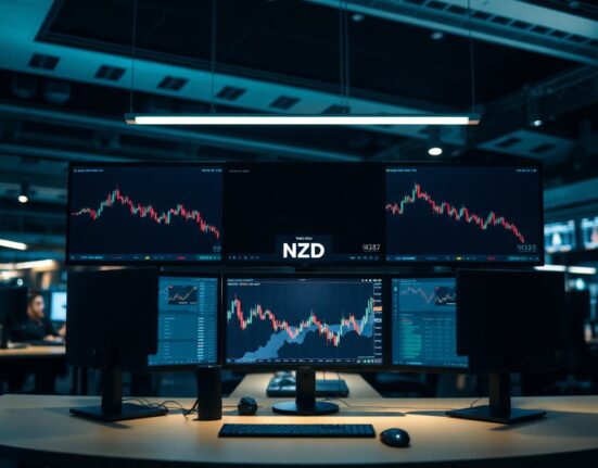 Forex trading monitors showing NZD/USD downward trend amid geopolitical uncertainty