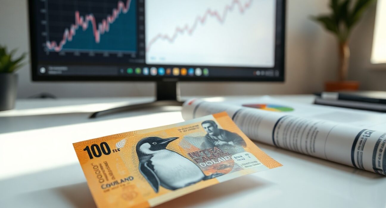 New Zealand Dollar banknote with economic report and chart on a desk