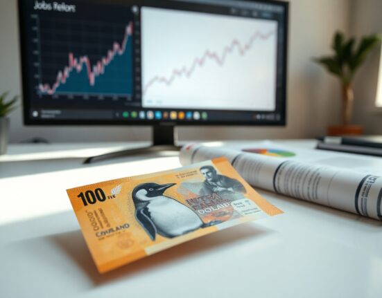 New Zealand Dollar banknote with economic report and chart on a desk