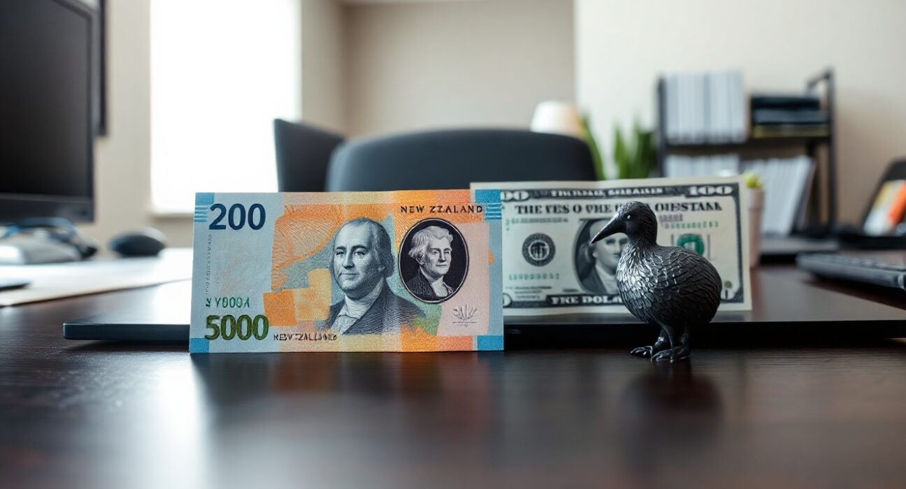 New Zealand Dollar and US Dollar banknotes with a kiwi figurine on a desk