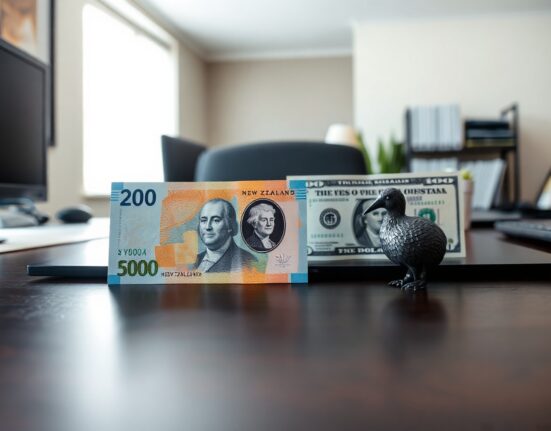 New Zealand Dollar and US Dollar banknotes with a kiwi figurine on a desk