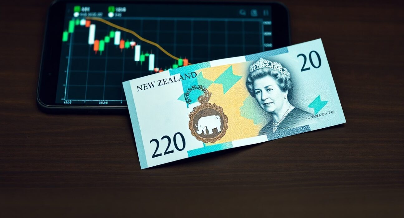 New Zealand dollar banknote on a desk with a financial chart showing a downward trend
