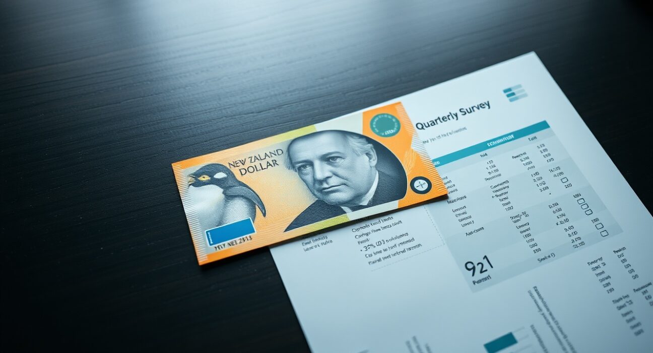 New Zealand Dollar banknote on NZIER survey report, representing forex market reaction to economic data.