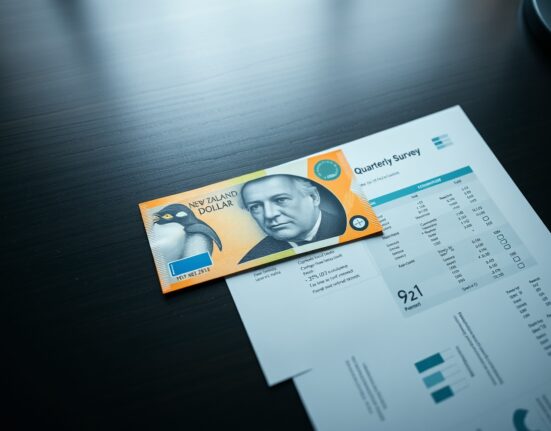 New Zealand Dollar banknote on NZIER survey report, representing forex market reaction to economic data.