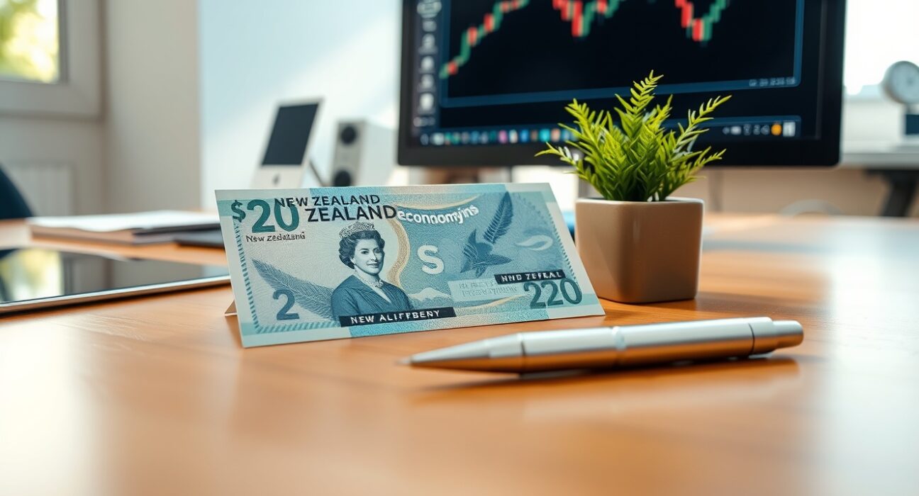 New Zealand Dollar banknote on desk with financial chart in background, representing NZD FX analysis