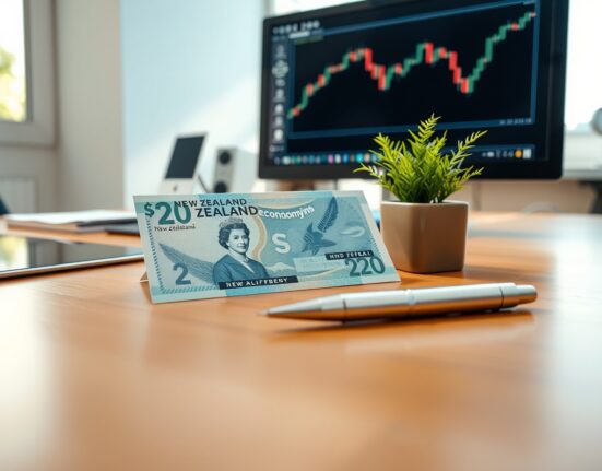 New Zealand Dollar banknote on desk with financial chart in background, representing NZD FX analysis