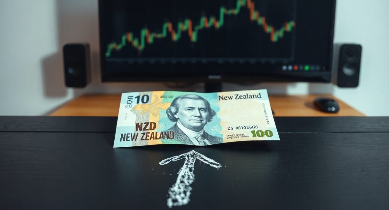 New Zealand Dollar and US Dollar banknotes on a wooden surface with a downward arrow graph, representing forex pressure.