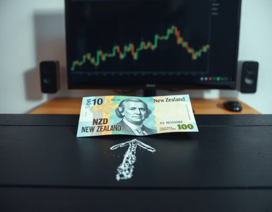 New Zealand Dollar and US Dollar banknotes on a wooden surface with a downward arrow graph, representing forex pressure.