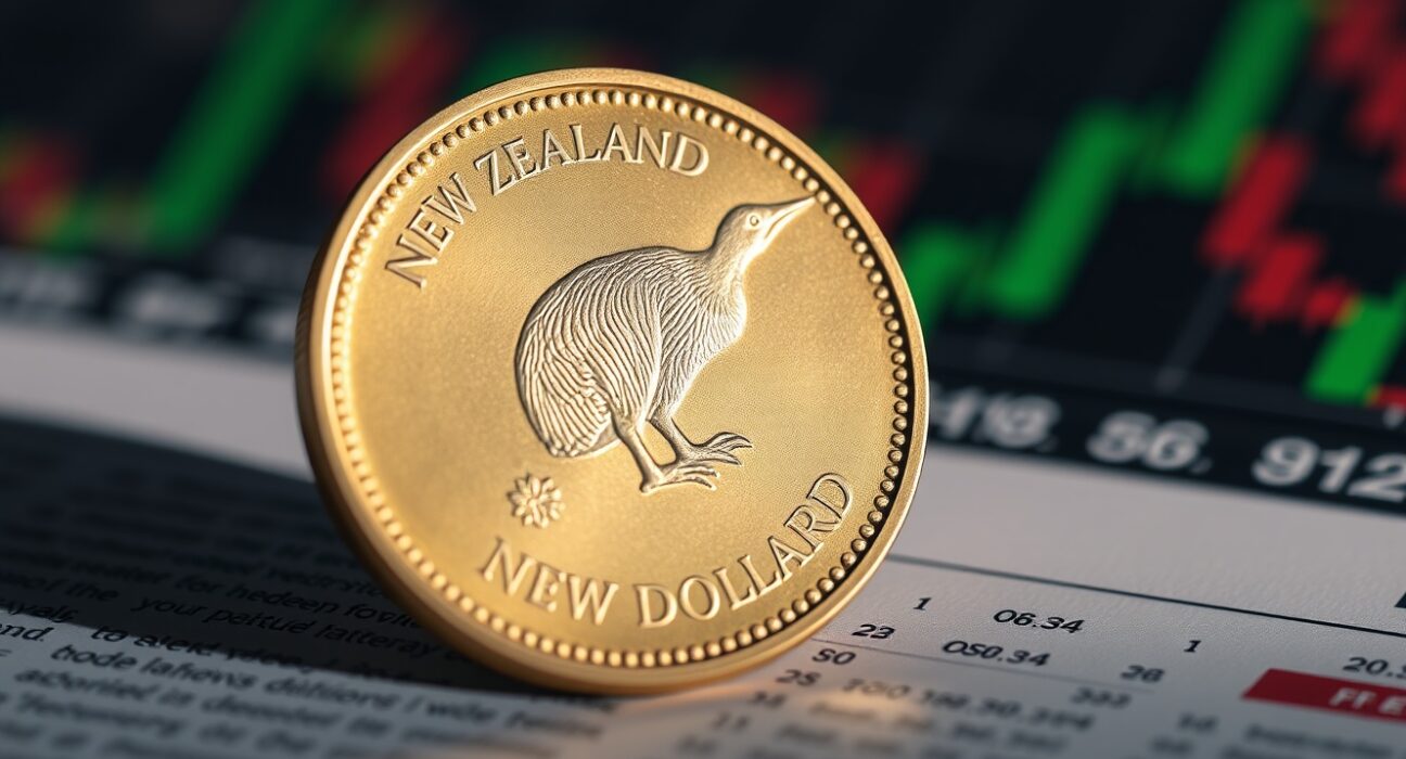 New Zealand Dollar coin on financial charts, representing currency market analysis.